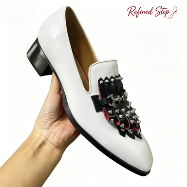 Men'S Fashion Loafers Shoes - Metal Rivets Black Tassels White Square