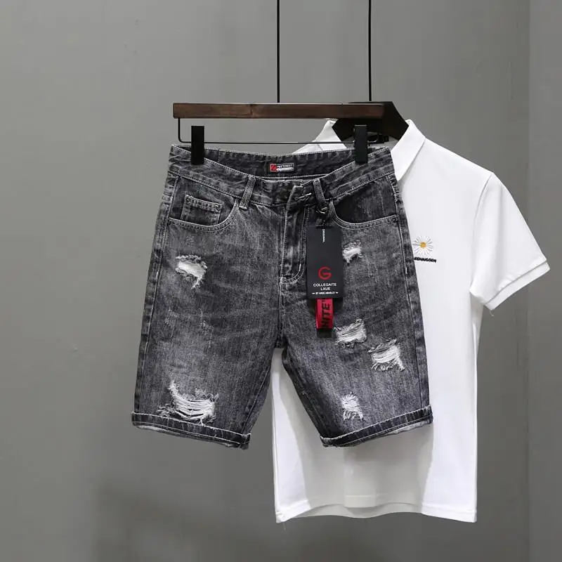 Mens Fashion Denim - Men's Short Jeans Pants Black Gray