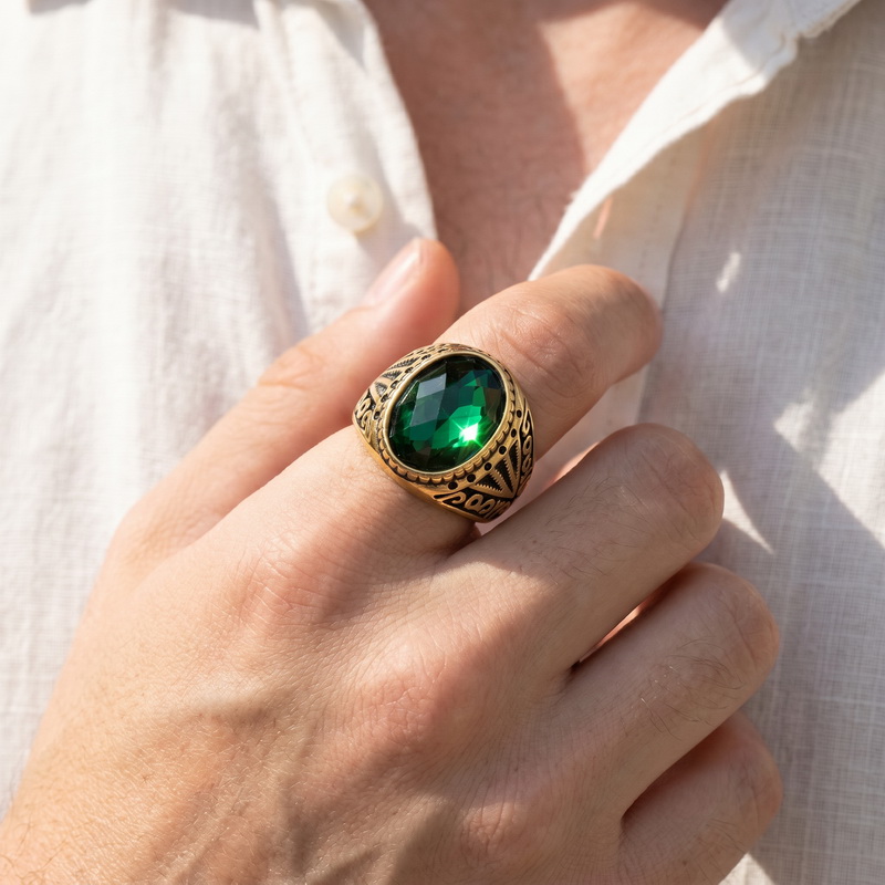 Men'S Fashion Lk - Retro Green High Quality Gemstone Ring